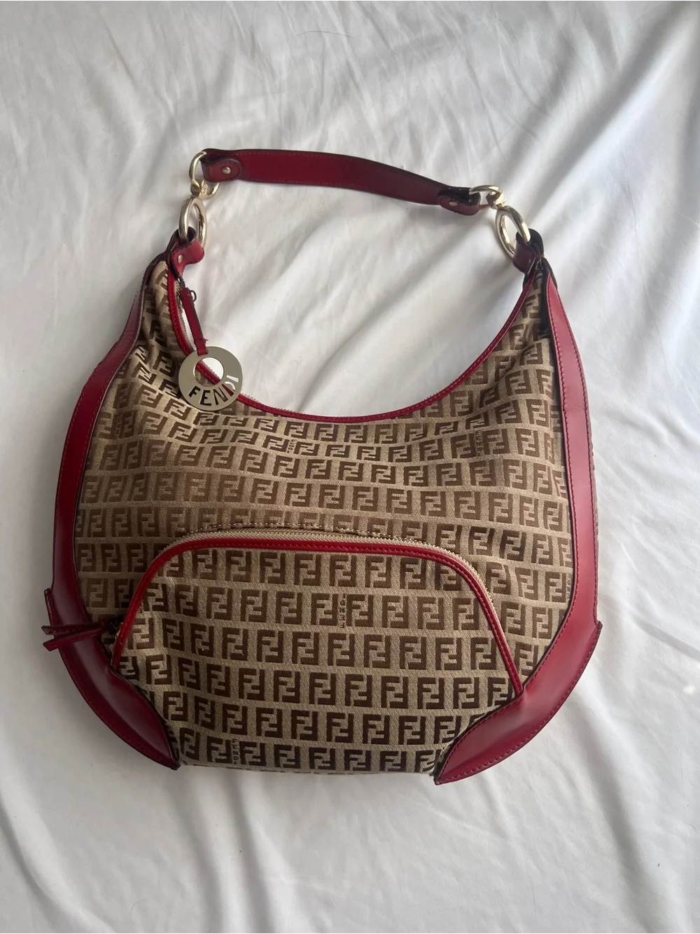 BNWOT vintage Fendi Zucchino FF Brown Monogram canvas Chef hobo bag Red Dust bag